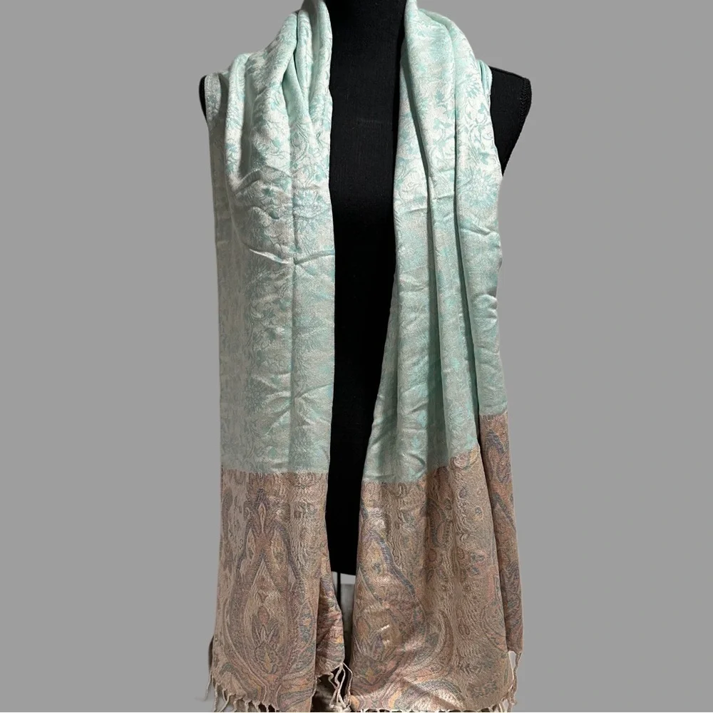 Elegant Shawl in Light Mint & Cream - Versatile Wrap, Scarf, or Veil, Soft Rayon
